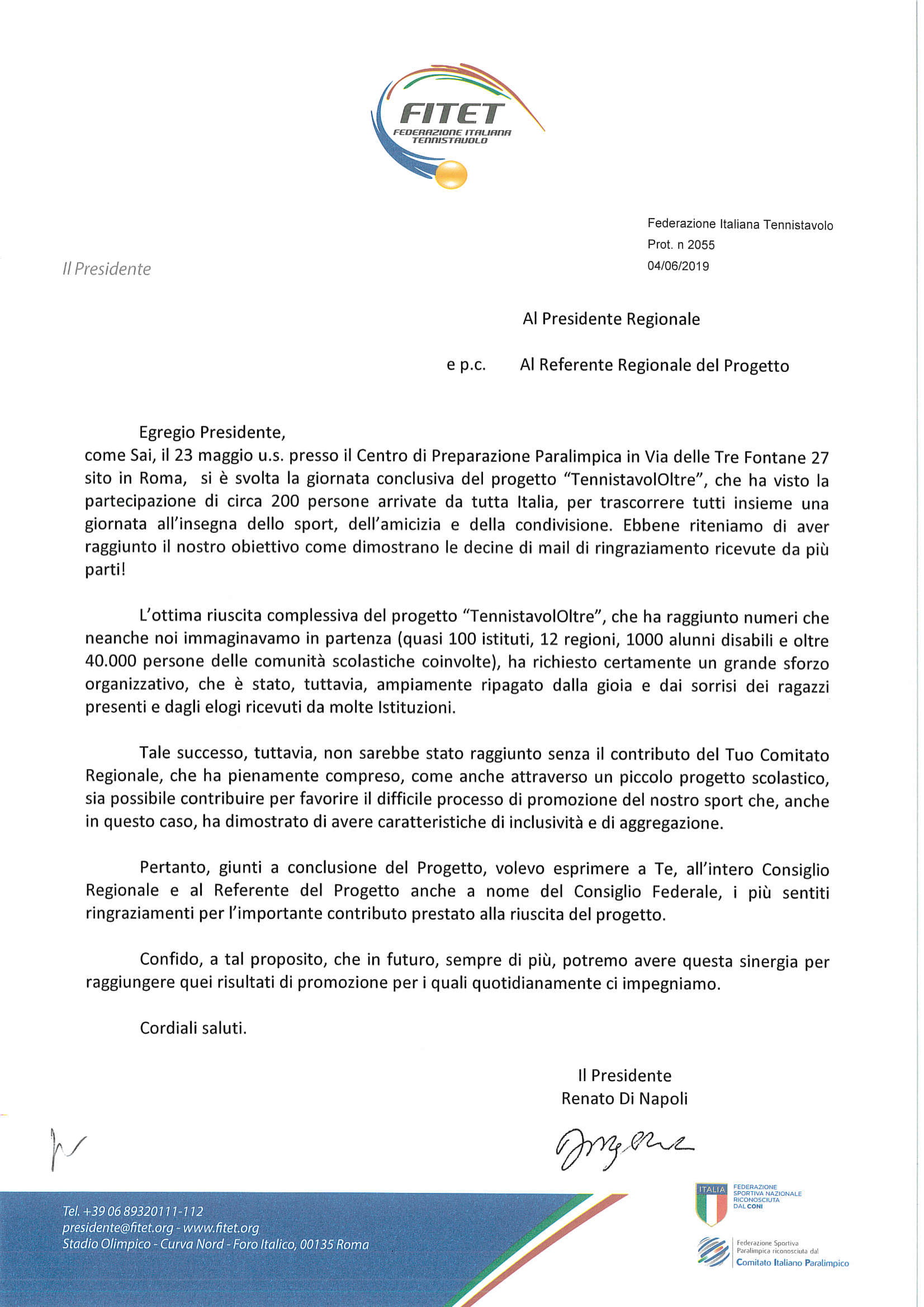 Lettera al Presidente e Referente Regionale 1